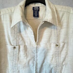 John Blair Mens Bowling Shirt Size M Ivory Short Sleeves Zip Up Pocket Shirt